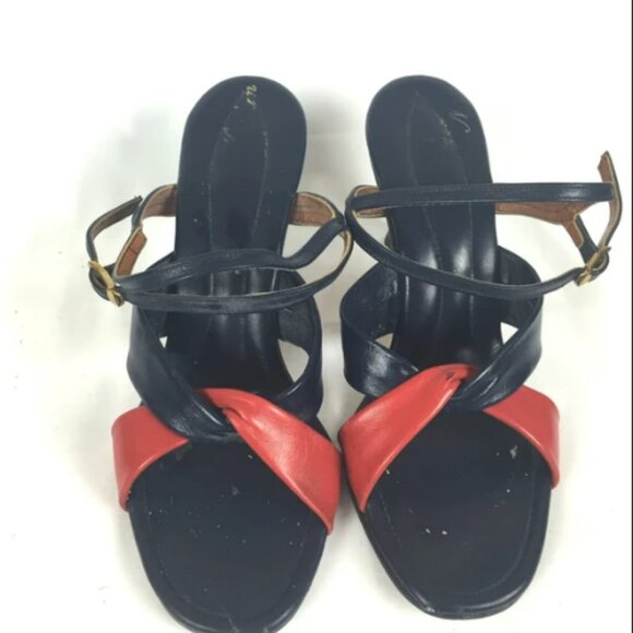 1950's Navy Leather Heeled Sandals - Picture 1 of 2
